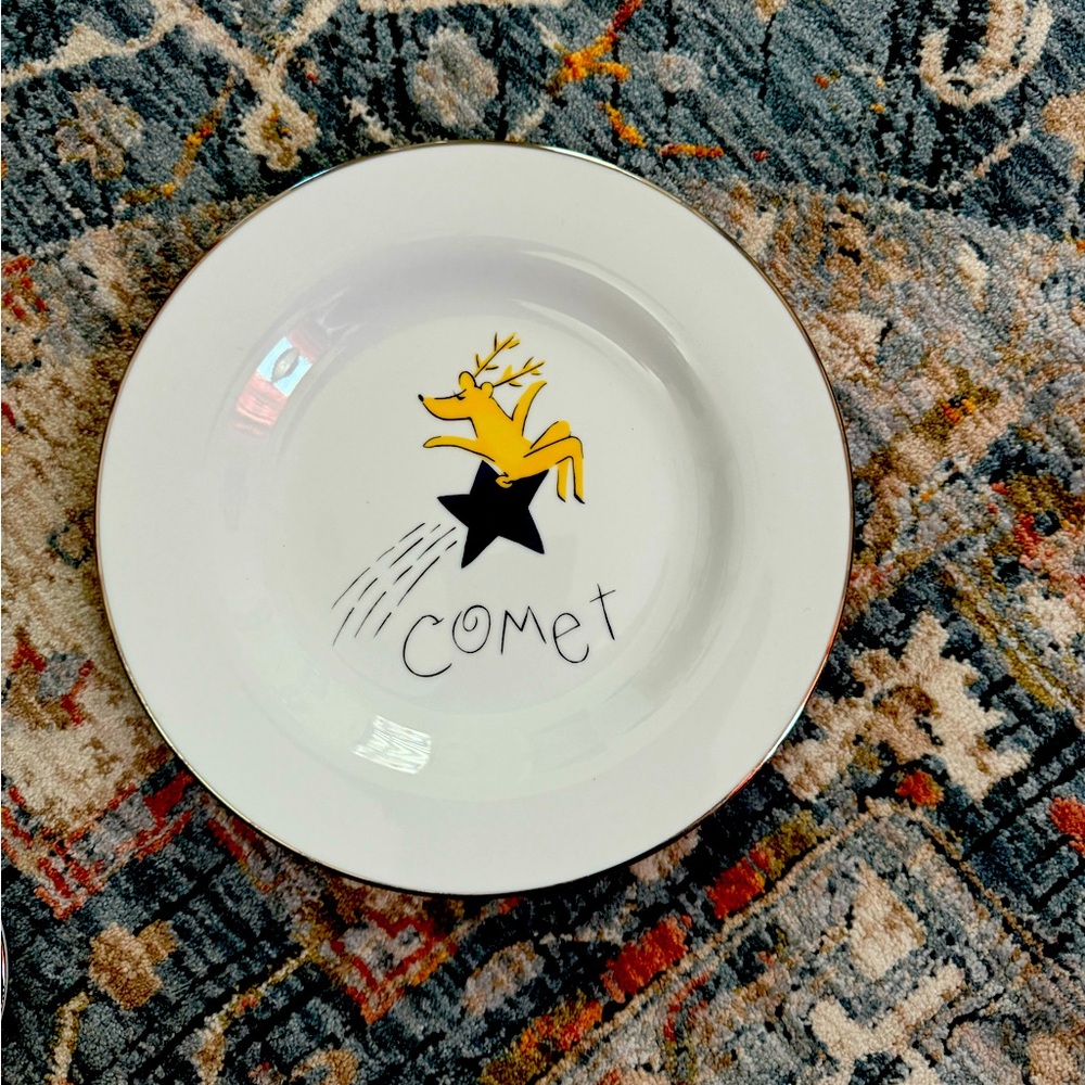 Pottery Barn reindeer design salad plate featuring “Comet”